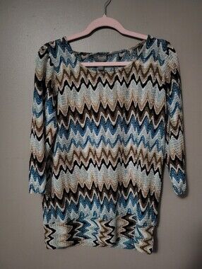 Women's Chevron Pattern Scoop Neck Top - Blue & Brown Chicos 1 Medium
